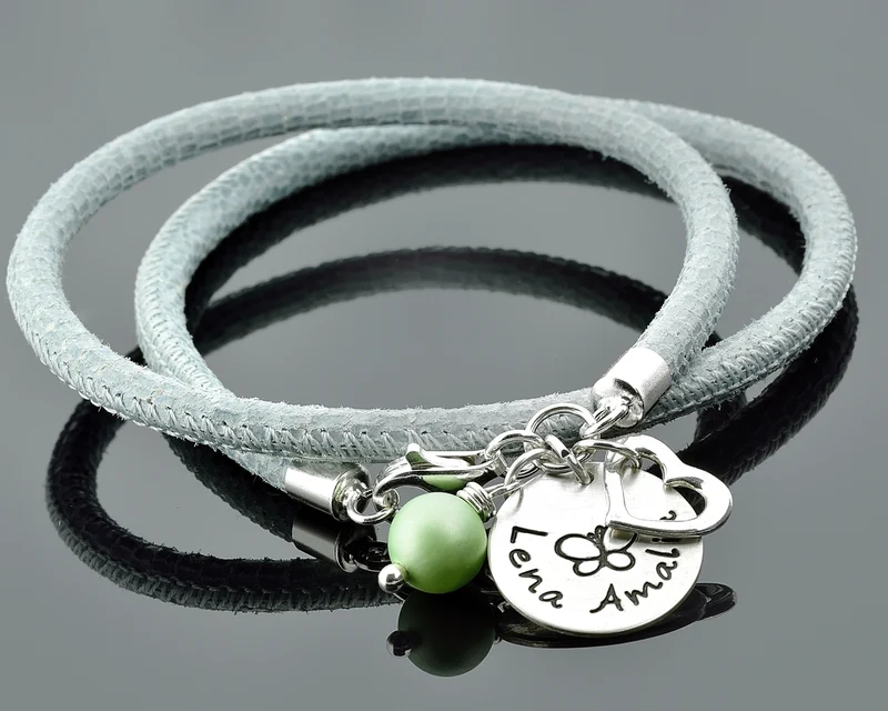ARMBAND MIT GRAVUR DAMEN LEDERARMBAND BLAUGRAU NAMENSARMBAND