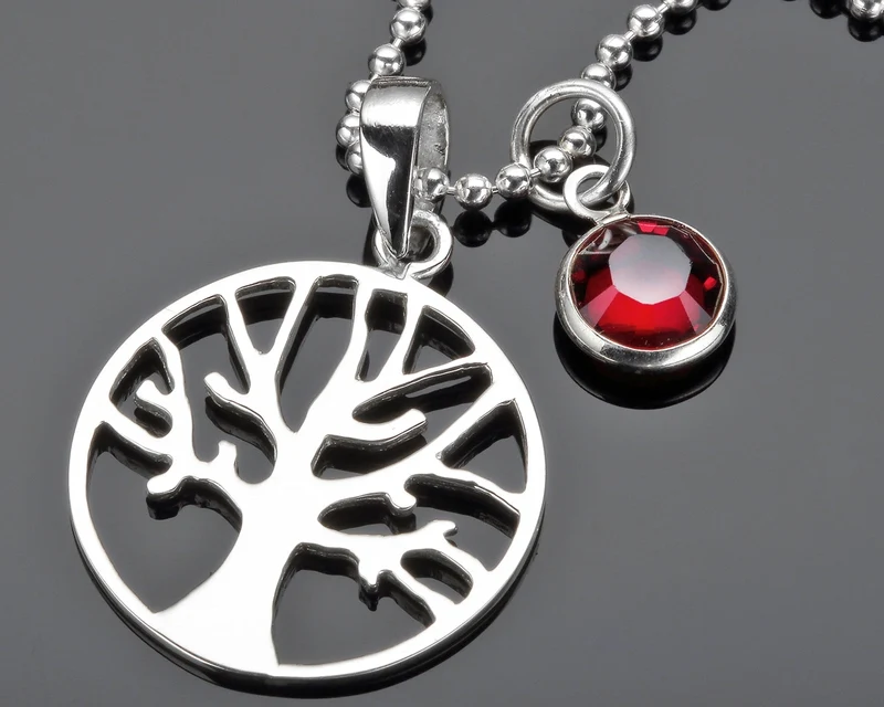 SILBERSCHMUCK DAMEN HALSKETTE LEBENSBAUM, MONATSSTEIN, DESIGNERSCHMUCK