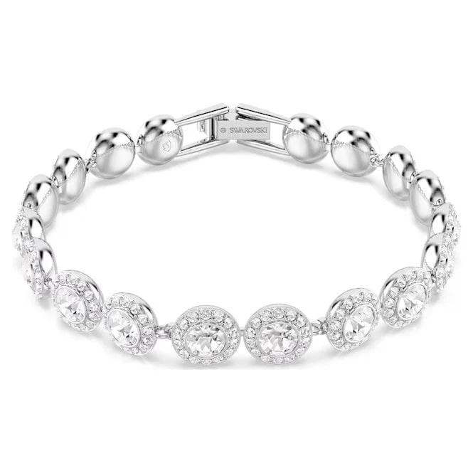 Una Angelic Tennis Bracelet with Round-Cut White Crystal in Rhodium Silver
