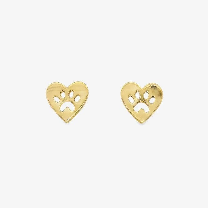 Gold Paw Print Heart Stud Earrings