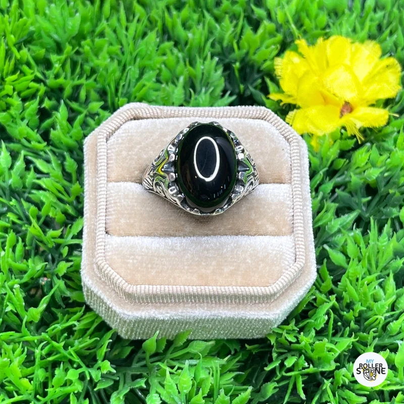 Pfauen-Siegelring aus schwarzem Onyx und Silber