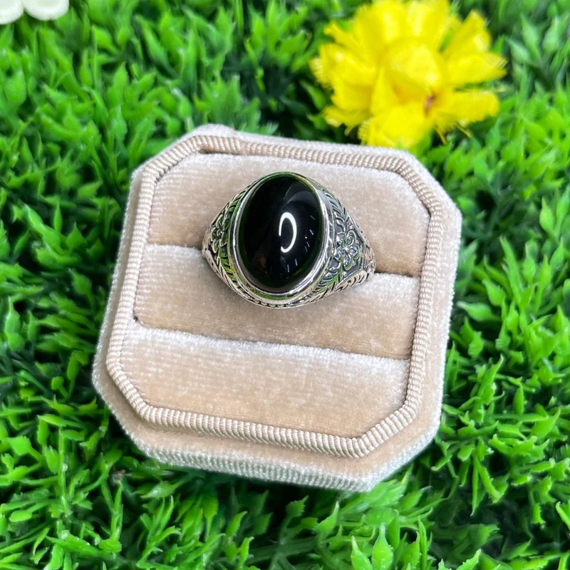 Silberner schwarzer Onyx-Blumen-Siegelring