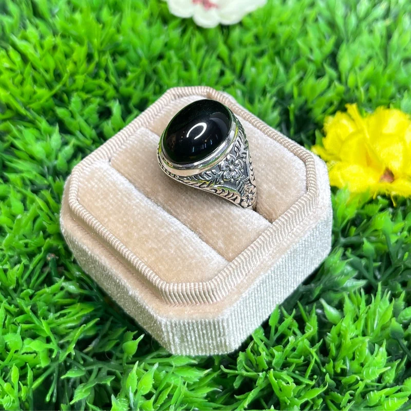 Silberner schwarzer Onyx-Blumen-Siegelring