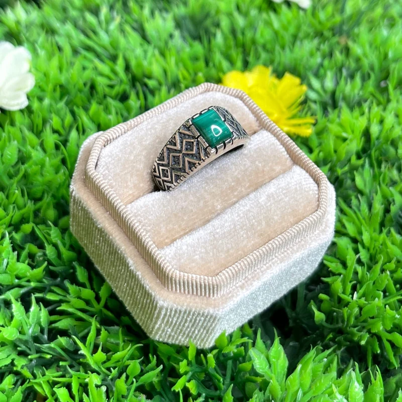 Silberner Malachit-Diamant-Siegelring Nr. 3
