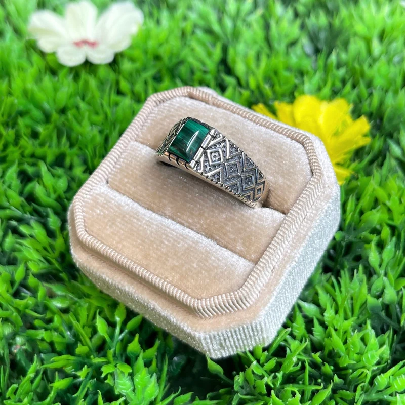 Silberner Malachit-Diamant-Siegelring Nr. 2