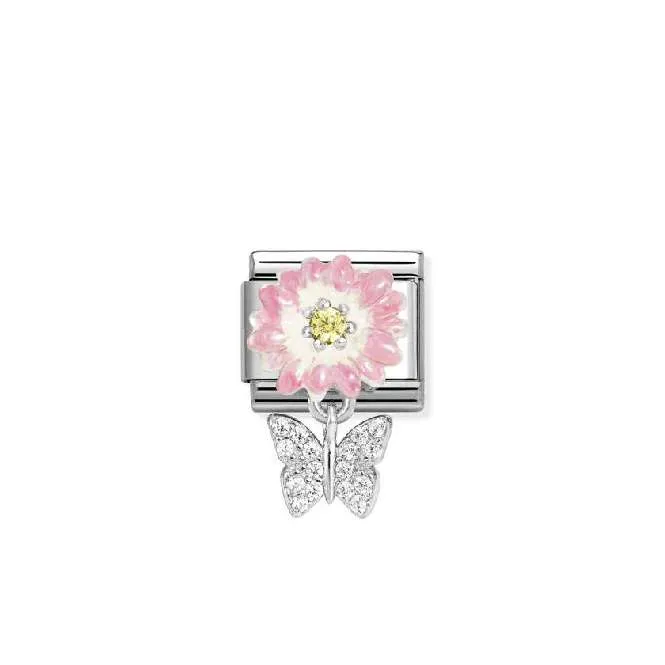 Classic Silver, Enamel and CZ Pink Daisy with Dangly Butterfly Animals Charms
