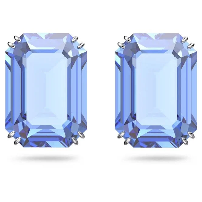 Millenia Stud Earrings with Octagon-Cut Blue Crystals in Rhodium Silver