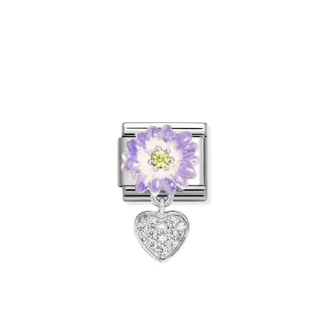Classic Silver, Enamel and CZ Lilac Daisy with Dangly Heart Love & Hearts Charms