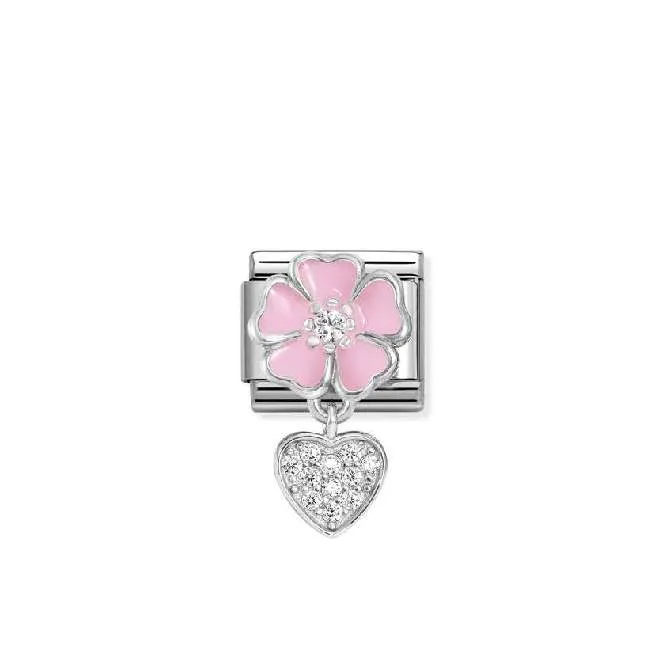 Classic Silver, Enamel and CZ Pink Flower with Heart Flowers & Nature Charms