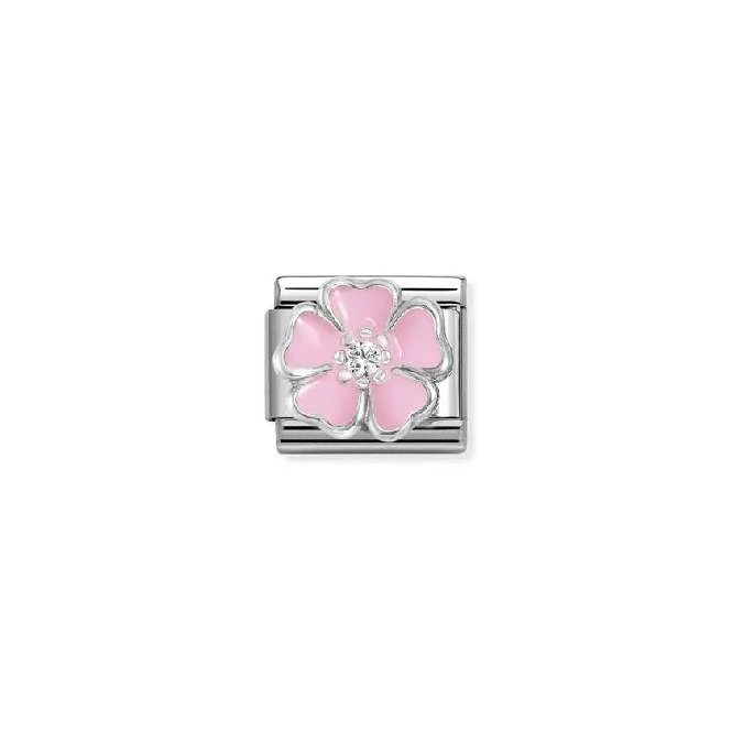 Classic Silver Enamel and CZ Pink Peach Blossom Flowers & Nature Charms