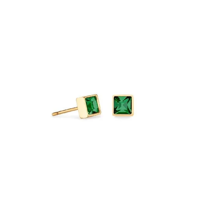 Brilliant Square Small Dark Green Earrings in Gold