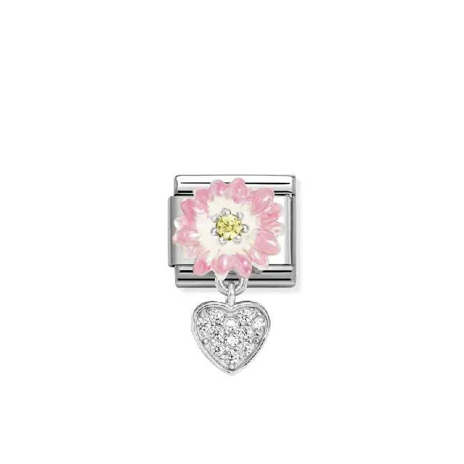 Classic Silver, Enamel and CZ Pink Daisy with Dangly Heart Love & Hearts Charms
