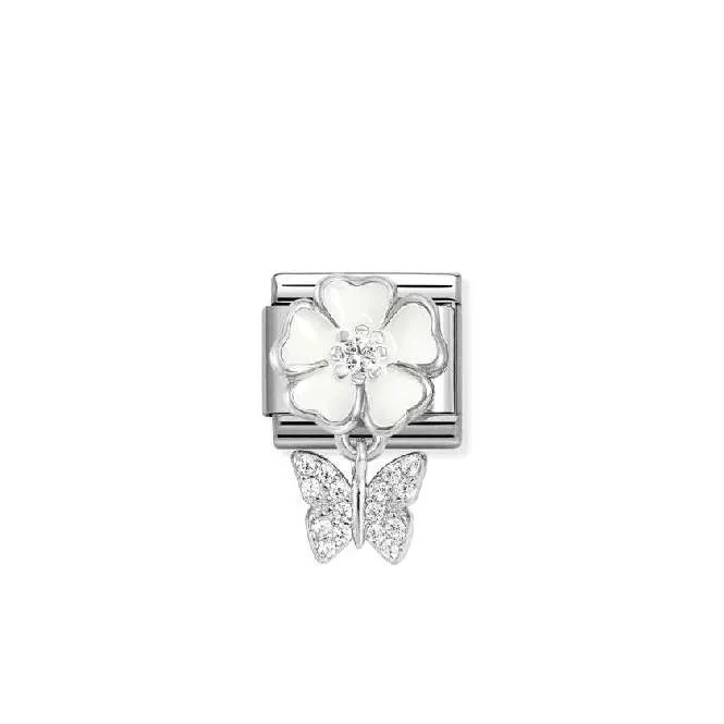 Classic Silver, Enamel and CZ White Flower with Butterfly Animals Charms