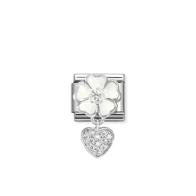 Classic Silver, Enamel and CZ White Flower with Heart Love & Hearts Charms