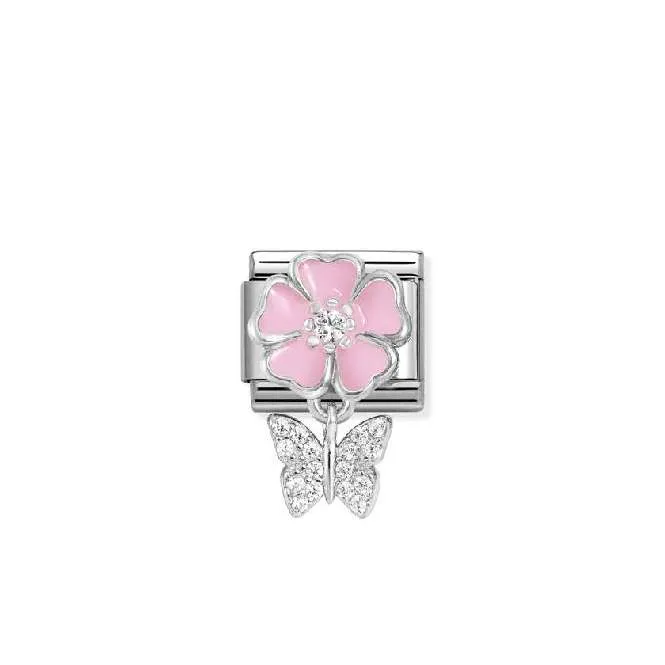 Classic Silver, Enamel and CZ Pink Flower with Butterfly Animals Charms