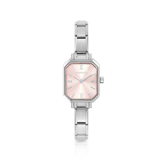 Time Paris Rectangle Pink Dial & Silver Charm Bracelet Watch