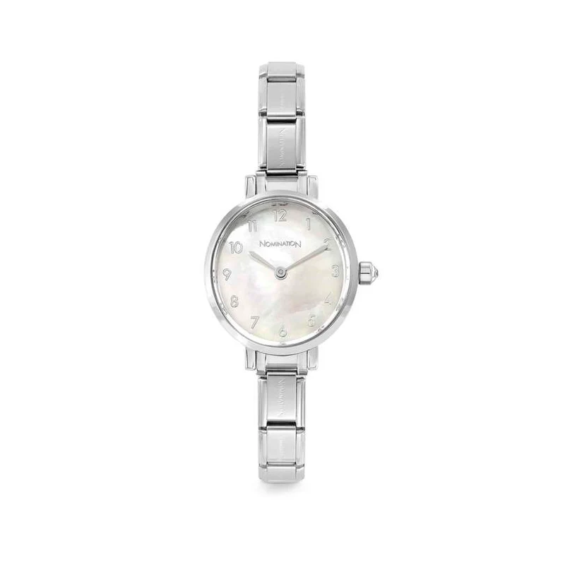 Time Paris Oval White Mother of Pearl Dial & Silver Charm Bracelet Watch with CZ