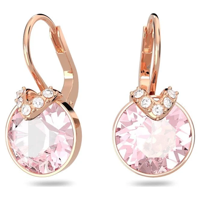 Bella V Drop Earrings with Round-Cut Pink Crystal in Rose Gold