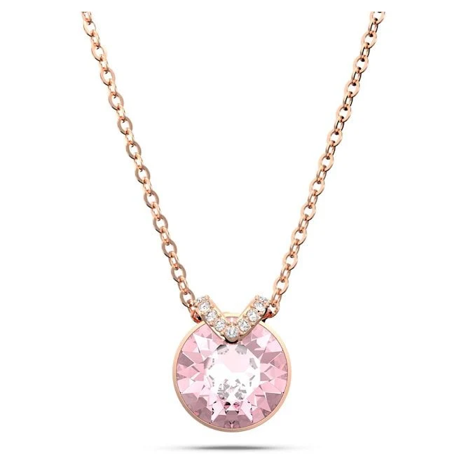 Bella V Pendant Necklace with Round-Cut Pink Crystal in Rose Gold