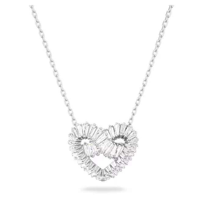 Matrix Pendant Necklace with Mixed-Cut White Crystal Hearts in Rhodium Silver
