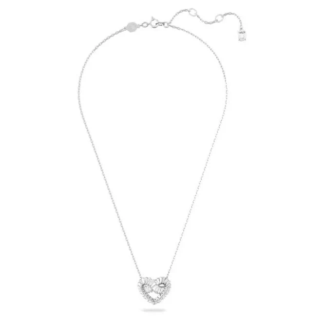 Matrix Pendant Necklace with Mixed-Cut White Crystal Hearts in Rhodium Silver