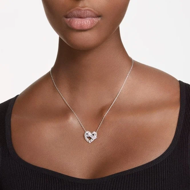 Matrix Pendant Necklace with Mixed-Cut White Crystal Hearts in Rhodium Silver