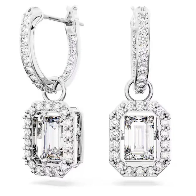 Una Drop Earrings with Octagon-Cut White Crystal in Rhodium Silver