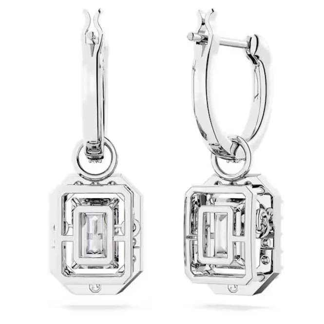 Una Drop Earrings with Octagon-Cut White Crystal in Rhodium Silver