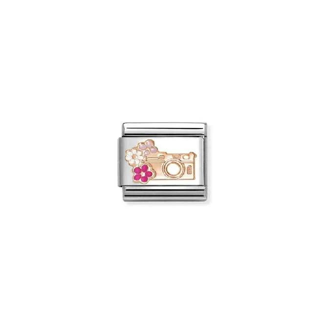 Classic Rose Gold and Enamel Camera with Flowers Fashion & Fun Charms