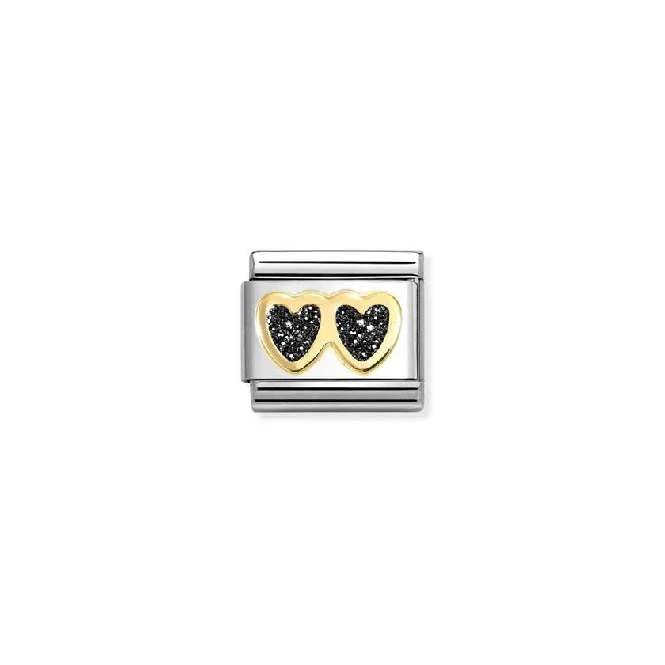 Classic Gold and Enamel Glitter Double Heart Black Love & Hearts Charms
