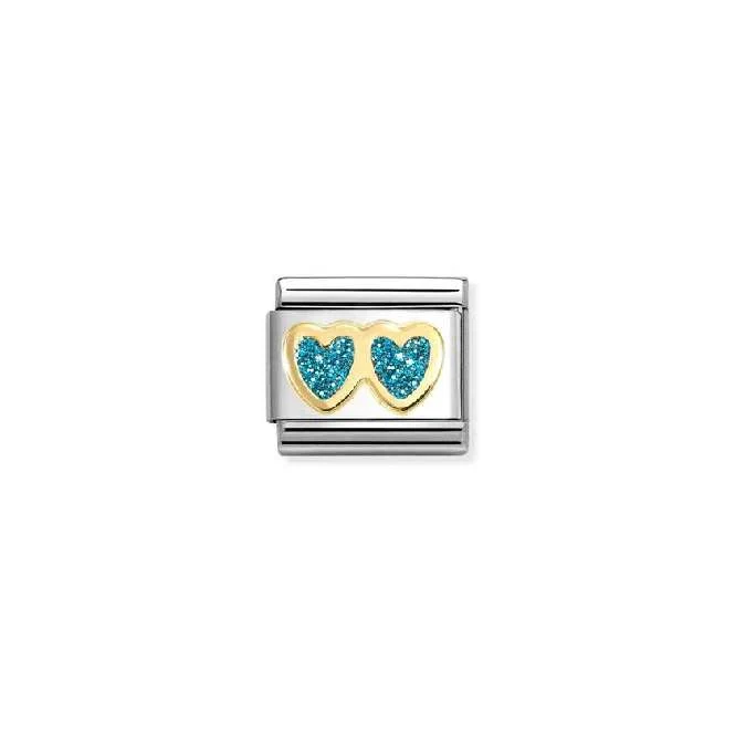 Classic Gold and Enamel Glitter Double Heart Light Blue Love & Hearts Charms