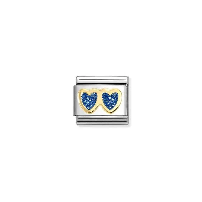 Classic Gold and Enamel Glitter Double Blue Heart Love & Hearts Charms