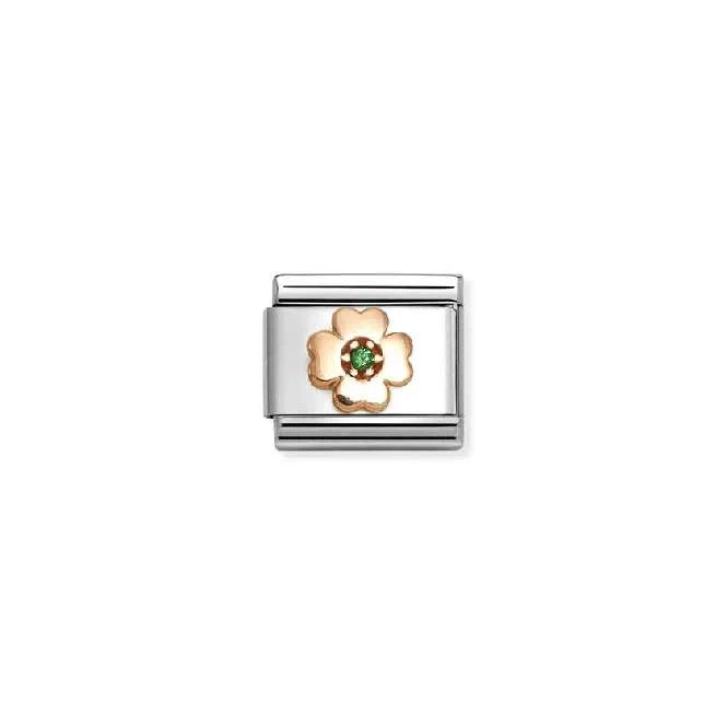Classic Rose Gold CZ Green Four-Leaf Clover Flowers & Nature Charms
