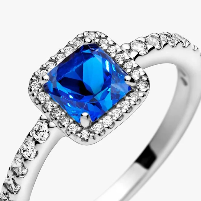 Blue Square Sparkle Halo Ring, Size 52