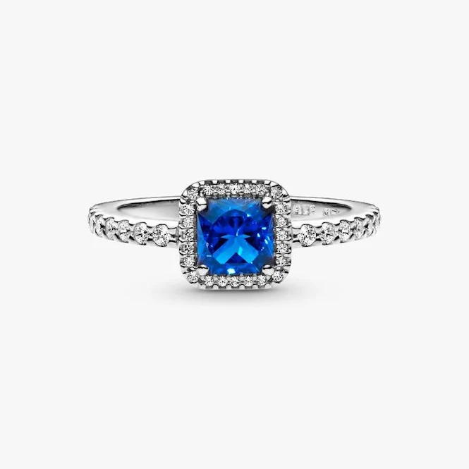 Blue Square Sparkle Halo Ring, Size 52