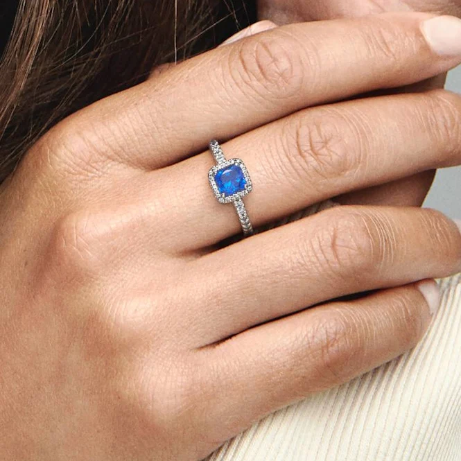 Blue Square Sparkle Halo Ring, Size 52