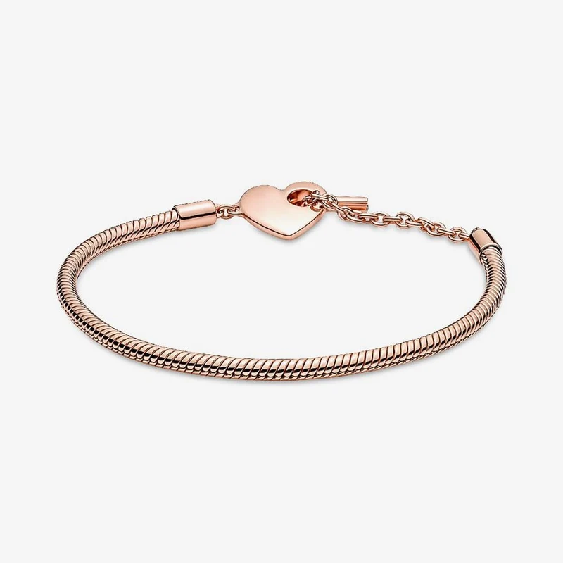 Moments Rose Heart T-Bar Snake Chain Bracelet, 16cm