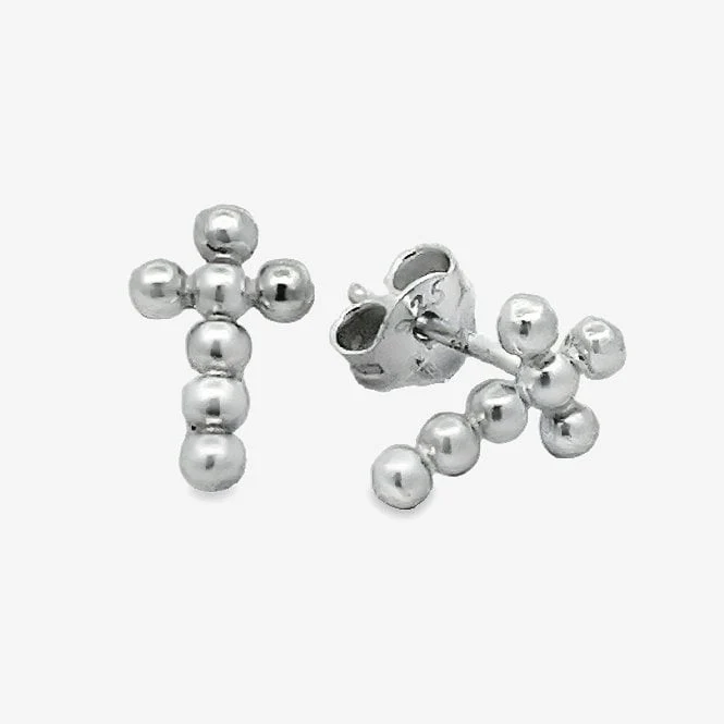 Silver Beaded Cross Stud Earrings