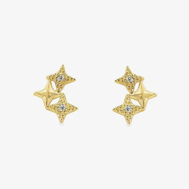 Gold 3 Star CZ Stud Earrings