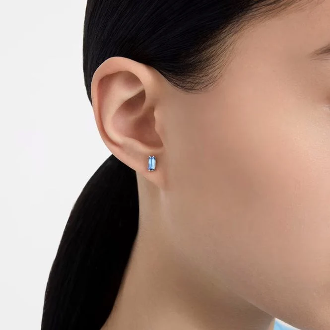 Chroma Stud Earrings with Baguette-Cut Blue Crystal in Rhodium Silver