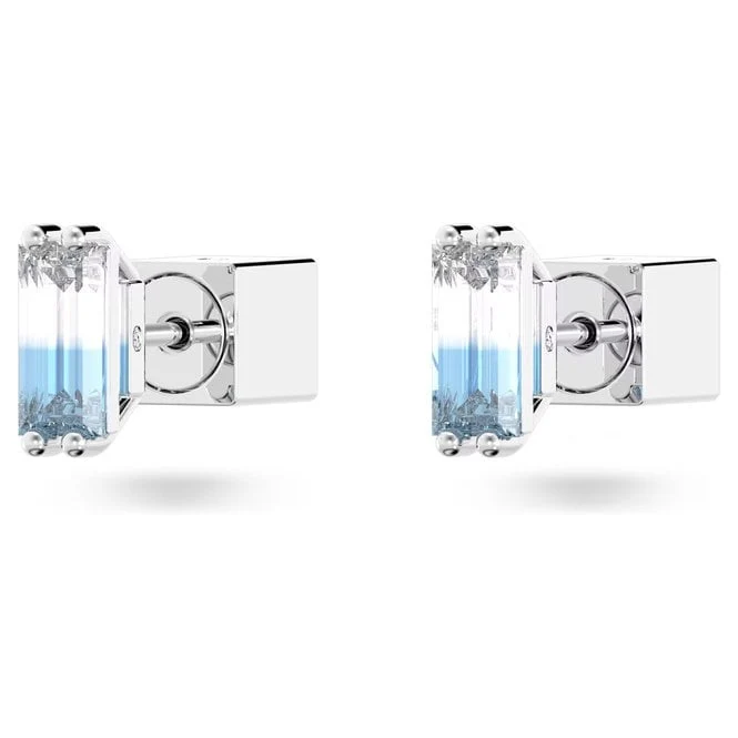 Chroma Stud Earrings with Baguette-Cut Blue Crystal in Rhodium Silver