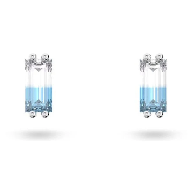 Chroma Stud Earrings with Baguette-Cut Blue Crystal in Rhodium Silver