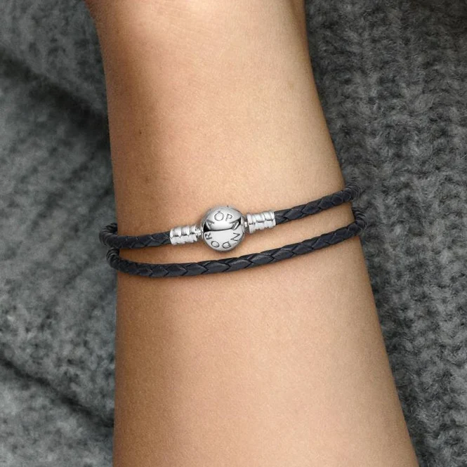Moments Double Black Leather Bracelet, 44cm