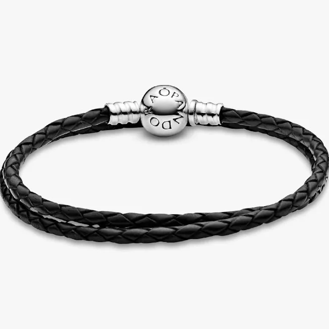 Moments Double Black Leather Bracelet, 44cm