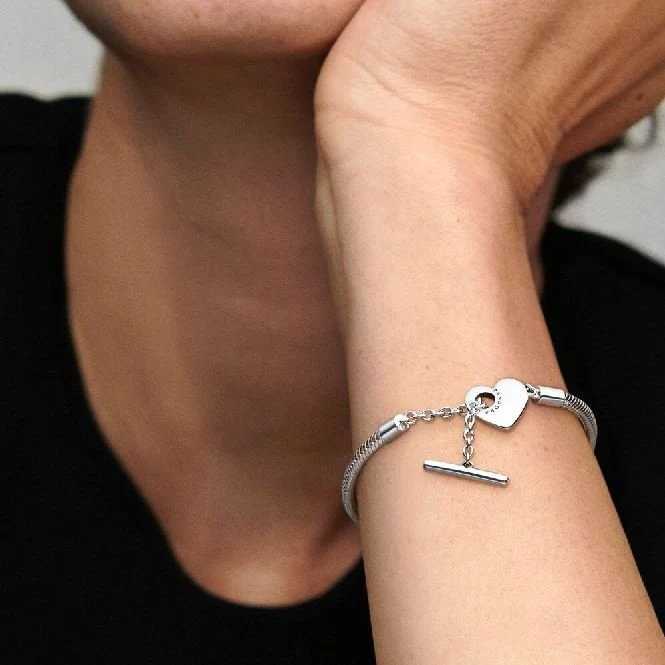 Moments Heart T-Bar Snake Chain Bracelet, 16cm