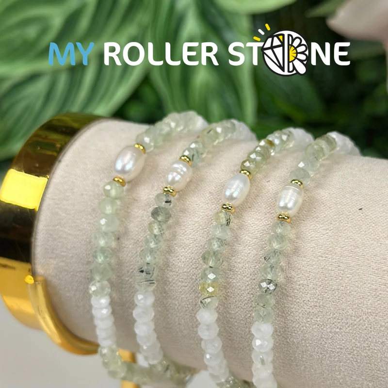 Verstellbares Armband mit Mondstein, Prehnit und Zuchtperle
