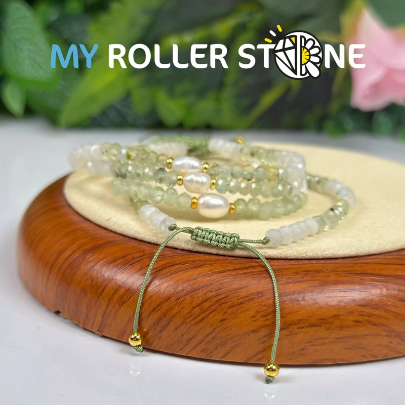 Verstellbares Armband mit Mondstein, Prehnit und Zuchtperle
