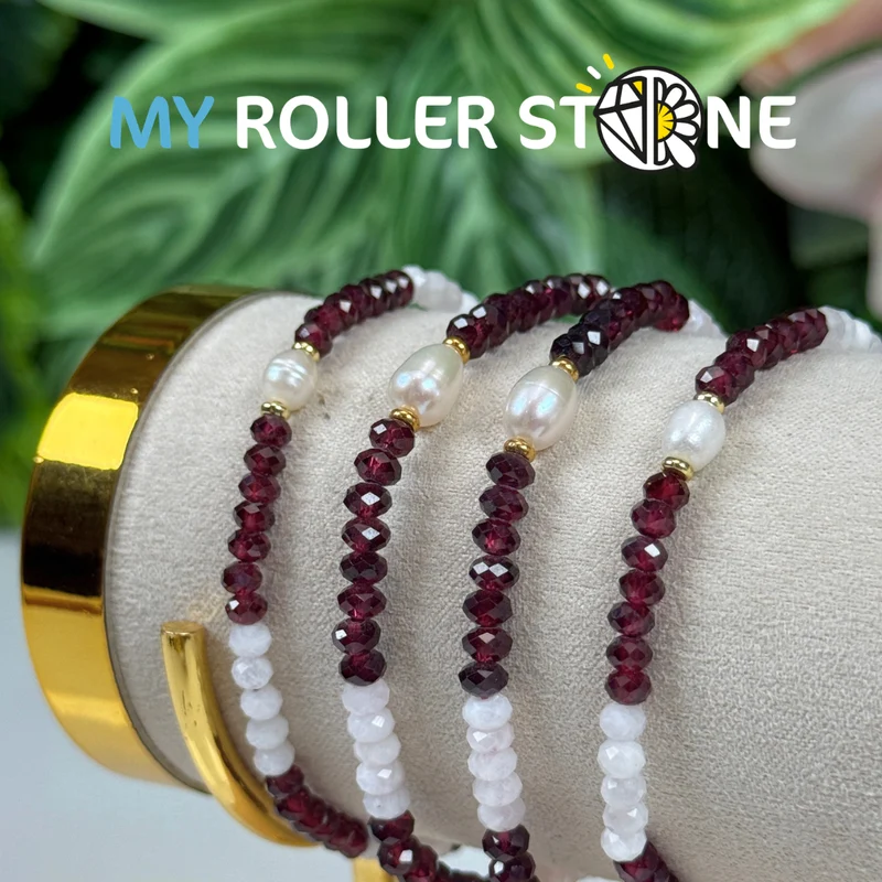 Verstellbares Armband mit Mondstein, Granat und Zuchtperle