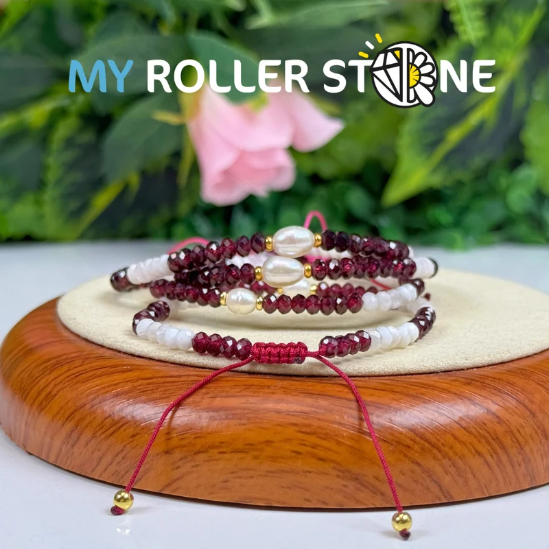 Verstellbares Armband mit Mondstein, Granat und Zuchtperle