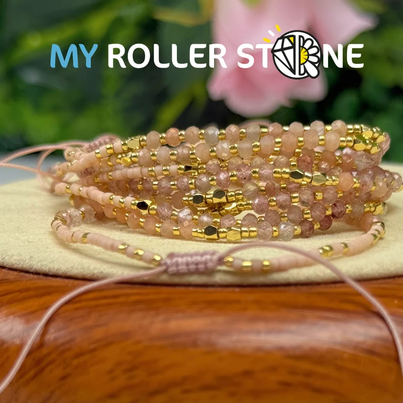 Verstellbares Sonnenstein- und Erdbeerquarz-Armband